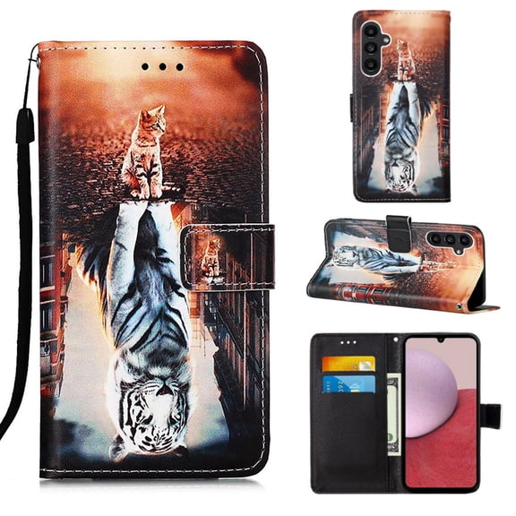 Patterned Wallet Case for Samsung Galaxy S23 FE,Dteck Magnetic Leather Card Slots Pocket Case Shockproof TPU Kickstand Full Body Protective Cover with Wrist Strap,Tiger