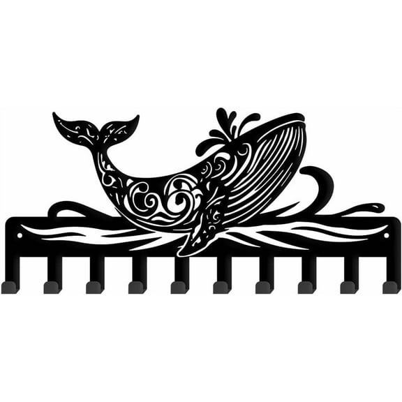 Patterned Whale Metal Key Holder Whale Decorative 10 Hooks Key Rack Organizer Wall Mounted Rack Hooks Kitchen Wall Decor Personalized Hanger Dog Leash Hanger for Front Door Silver