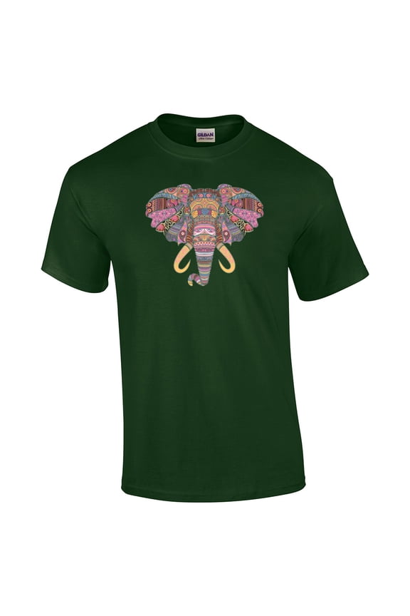 Patternized Colorful Elephant Face Short Sleeve T-shirt-Forest-XL