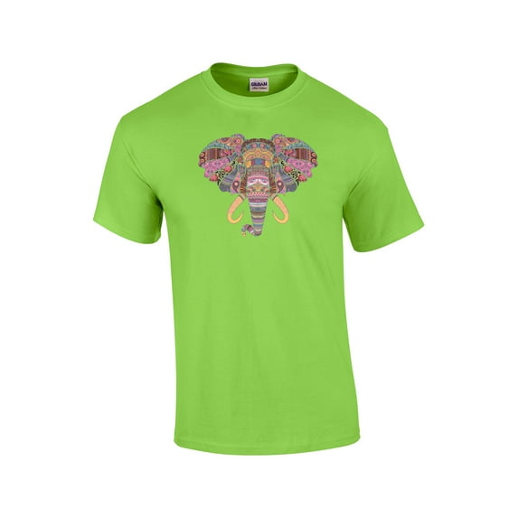 Patternized Colorful Elephant Face Short Sleeve T-shirt-Lime-XL