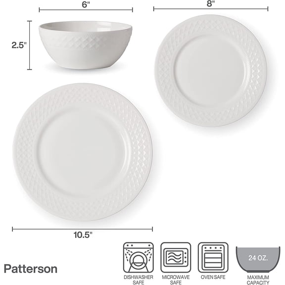 Patterson Vegan Bone China Chip Resistant 12 Piece Dinnerware Set, Service for 4