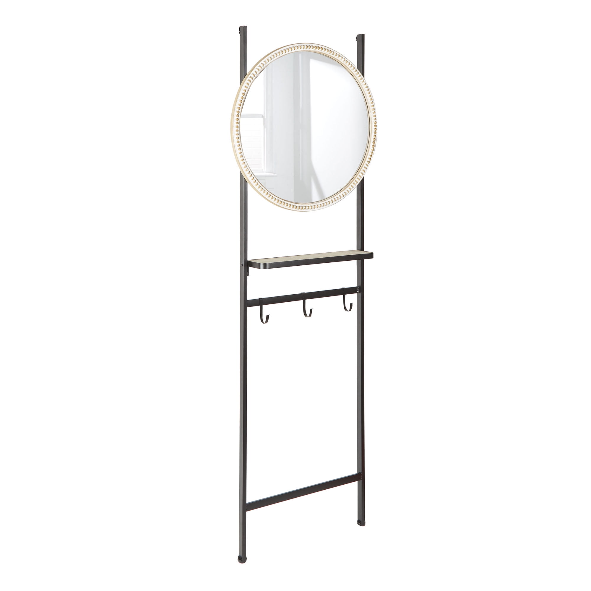 Patton Wall Decor 24x71 Metal and Wood Wall Mount Floating Shelf with Round Mirror, Antique