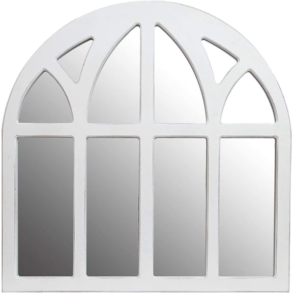 Patton Wall Decor 28 Inch Distressed White Farmhouse Cathedral Windowpane Wall Mirror, White