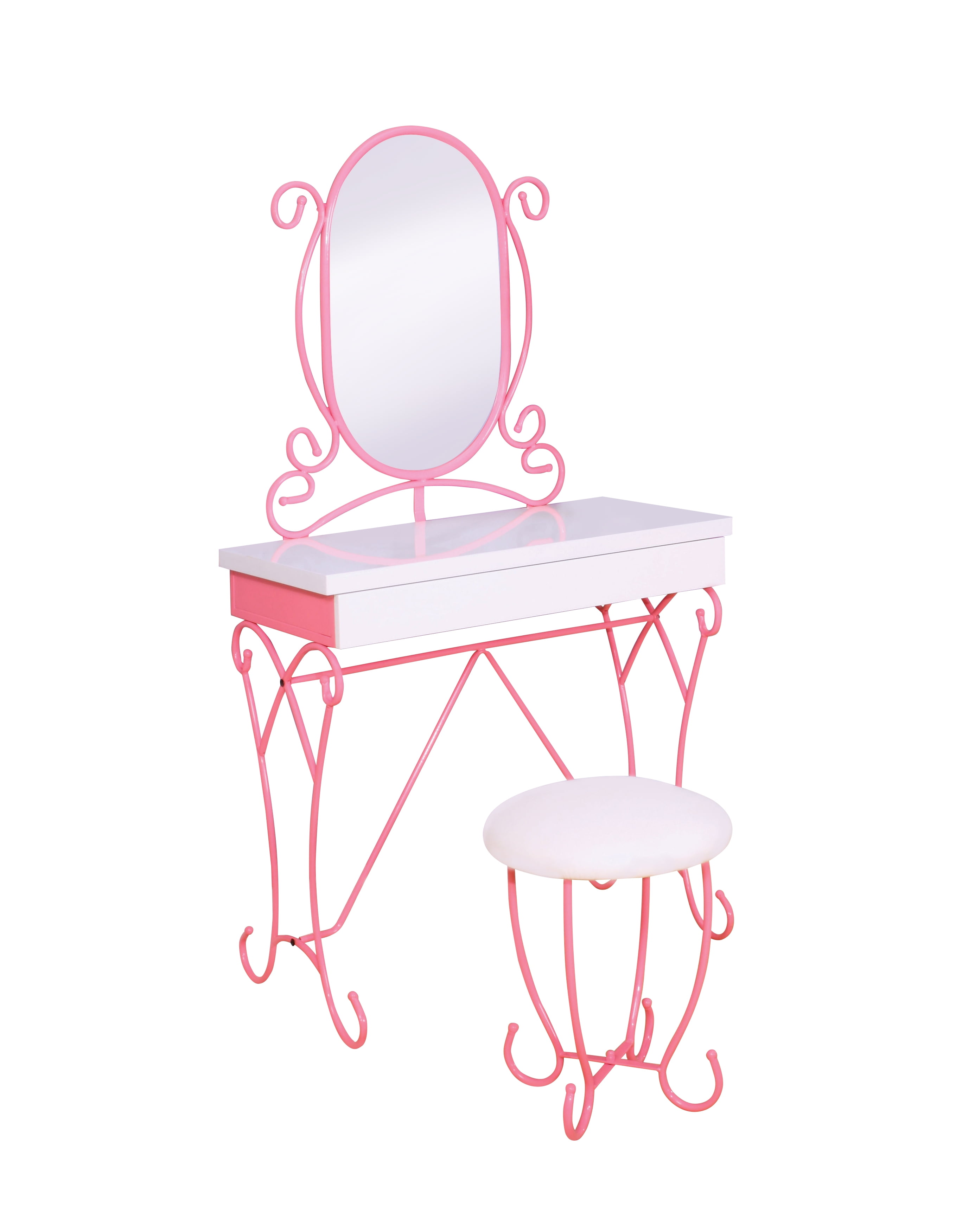 Furniture of America Patty Teen 3-Piece Makeup Vanity Set with Padded Stool, Pink