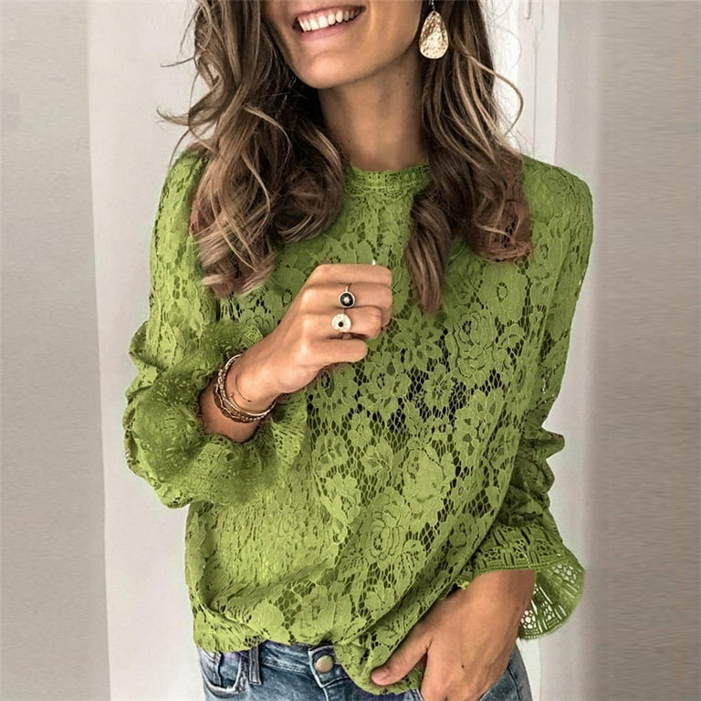 Patty Women's Solid Color Long Sleeve Blouses Hollow Round Neck Lace Shirts Tops