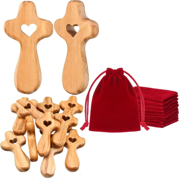 PatungKu 10Pcs Easters Miniature Crosses with Velvets Bags Gift for Friend Anxiety Relief Wooden Inspirational Religious Tokens