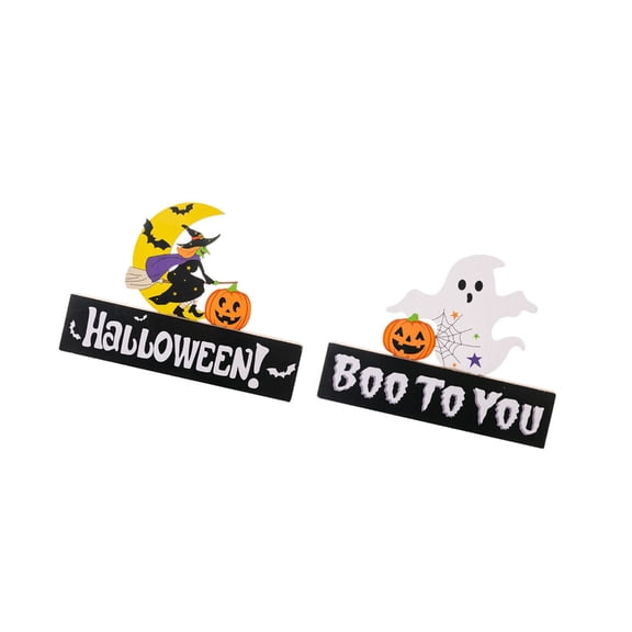 PatungKu 2 Piece Wooden Block Sign Gnomes Witch Pumpkin Figurines Ornaments For Indoor Tiered Tray Shelf Decoration