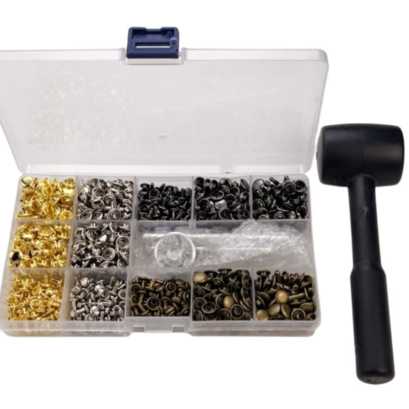 PatungKu 480 Set Leather Rivets 4 Color 3 Size with Hammer and 3 Setting Tool