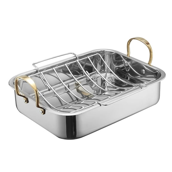 PatungKu Antirust Steel Roaster Pan with V-shape Rack Ergonomic Handle For Cooking Outdoor Barbecue Frying Baking Essential