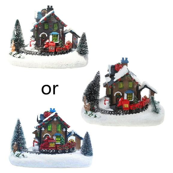 PatungKu Christmas Small Train Village House Luminous Landscape Snow Figurine Resin Desktop Ornament Decoration Holiday Xmas Gift