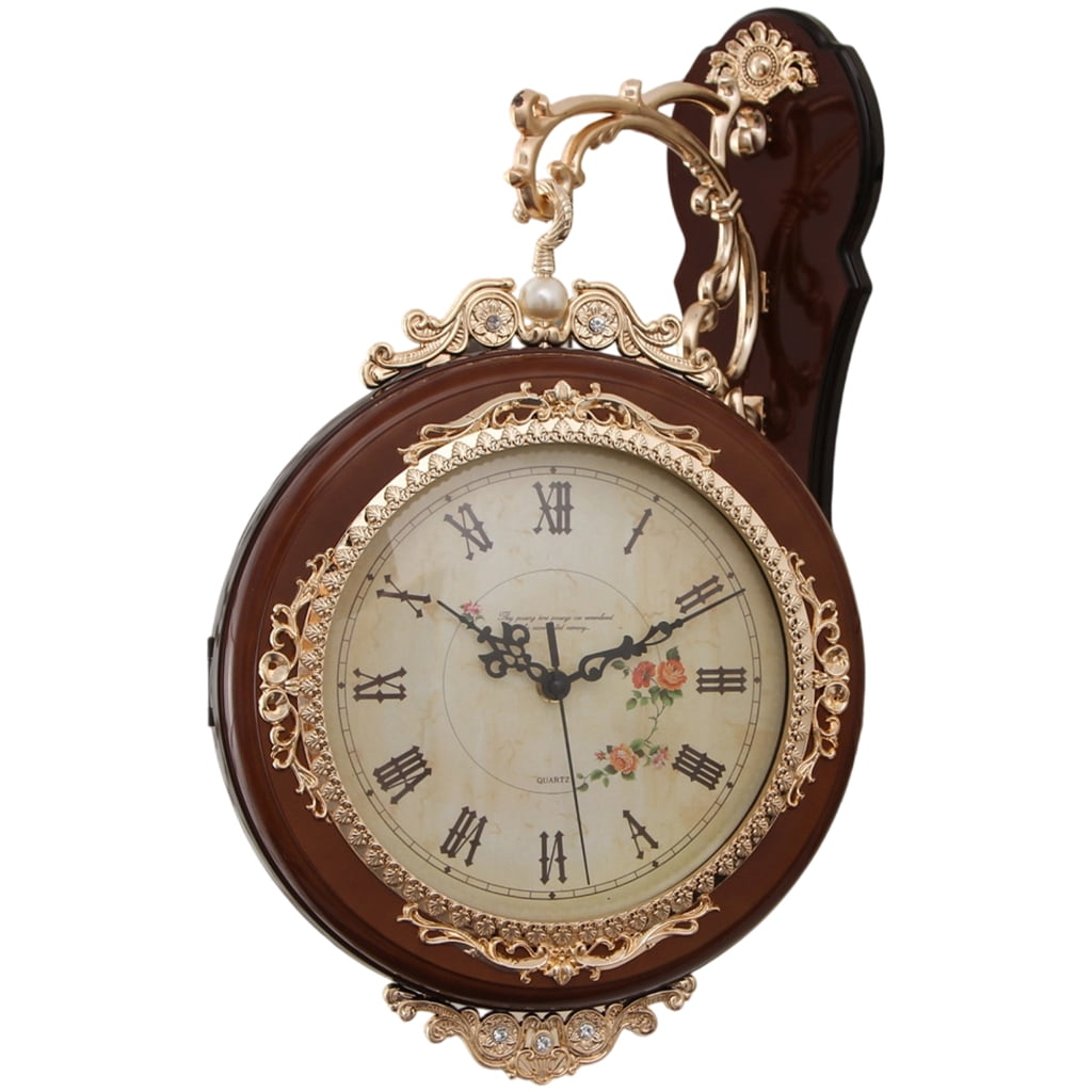 PatungKu European Antique Quiet Double View Wall Clock For Bedroom Dining Room Decors