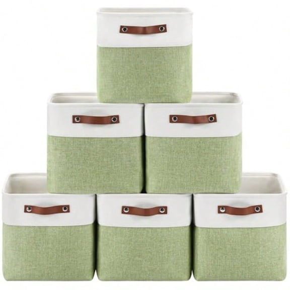 Patvingot 6-Pack Foldable Fabric Storage Cubes 11x11 Inch Sturdy Cube Organizer Bins with Leather Handles Storage Baskets for Closet Shees and Home Organization White/Green