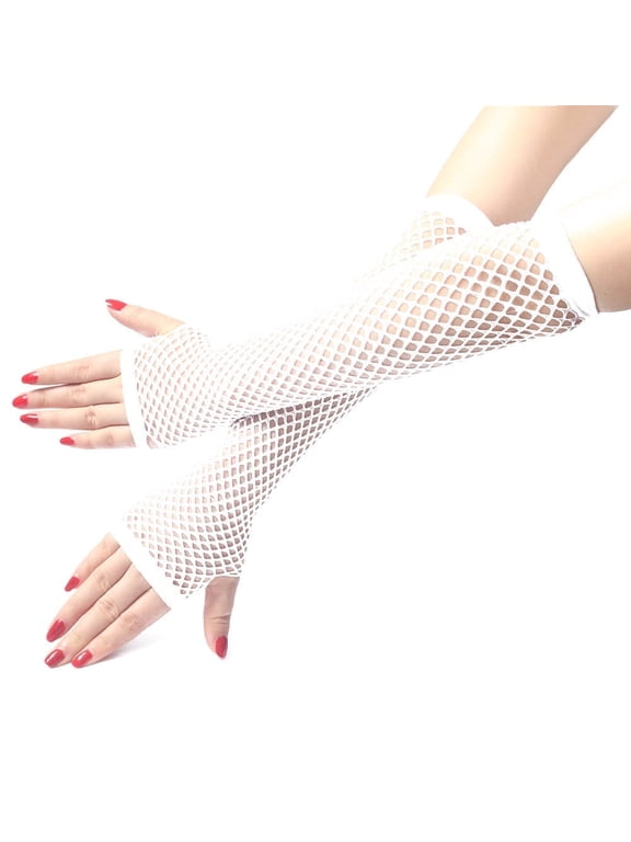 Patyus Women's High Elasticity Fishnet Fingerless Lace Gloves, White