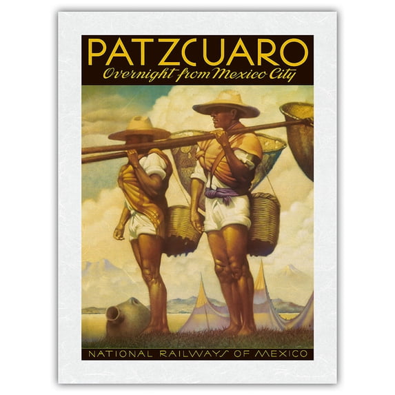 Patzcuaro Mexico - National Railways of Mexico - Vintage Railroad Travel Poster c.1950s - Japanese Unryu Rice Paper Art Print (Unframed) 18 x 24 in