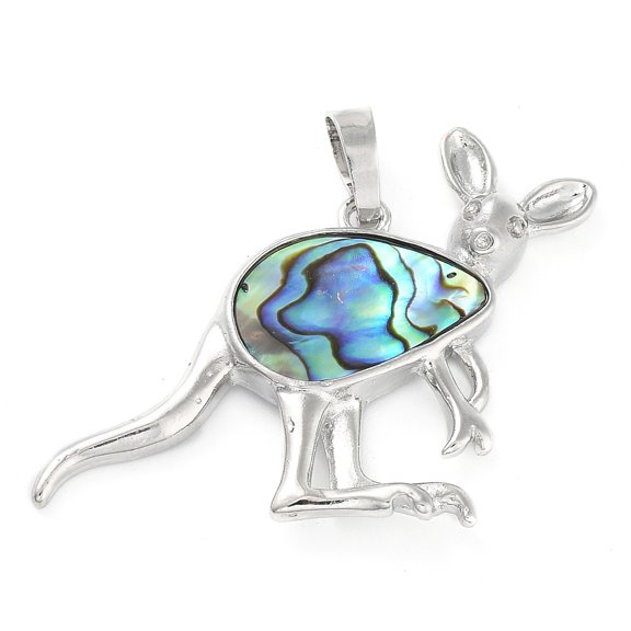 Paua/Abalone Shell Pendants with Brass Findings Kangaroo Platinum Sea Green 33.5x48x3mm Hole: 5.5x7mm