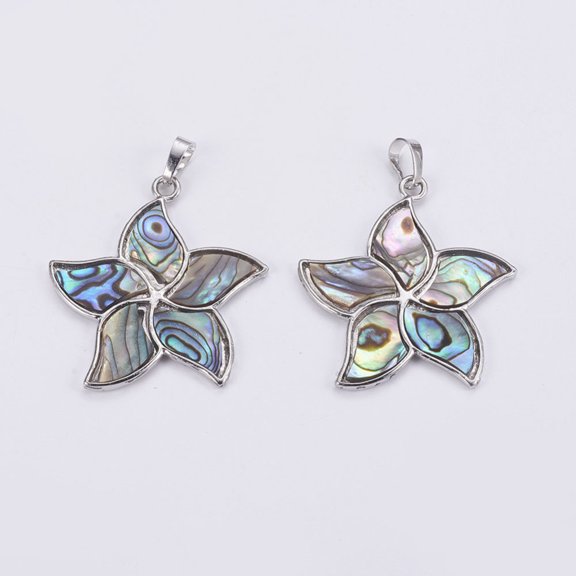 Paua Shell 5 pc Abalone Shell/Paua Shell Pendants with Platinum Tone Brass Bail Flower 41~41.5x38x2~3mm Hole: 5x8mm
