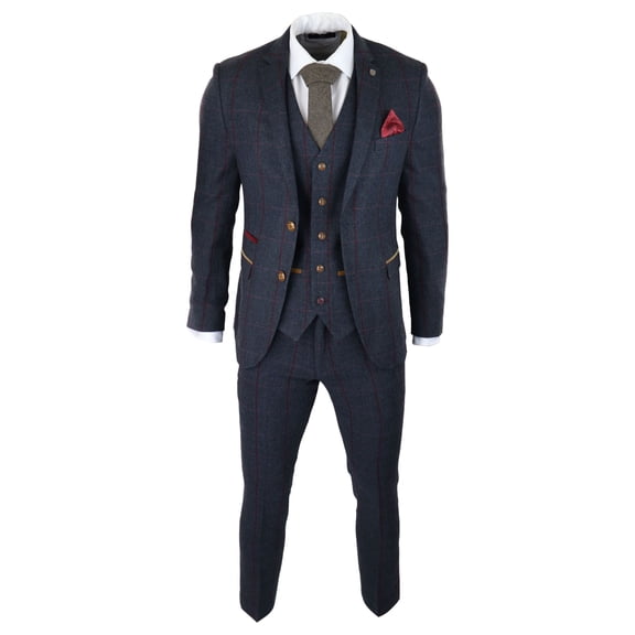 Paul Andrew Madrid Men's Herringbone Tweed 3 Piece Navy Suit