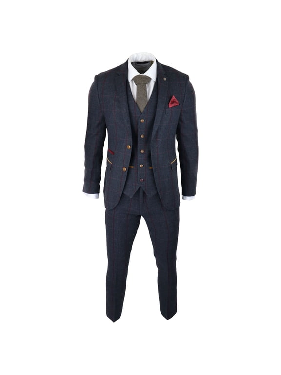 Madrid Men's Herringbone Tweed 3 Piece Navy Suit