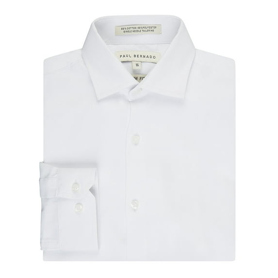 Paul Bernado Boy's 2202SL Long Sleeve Slim Fit Pique Design Dress Shirt - White - 10