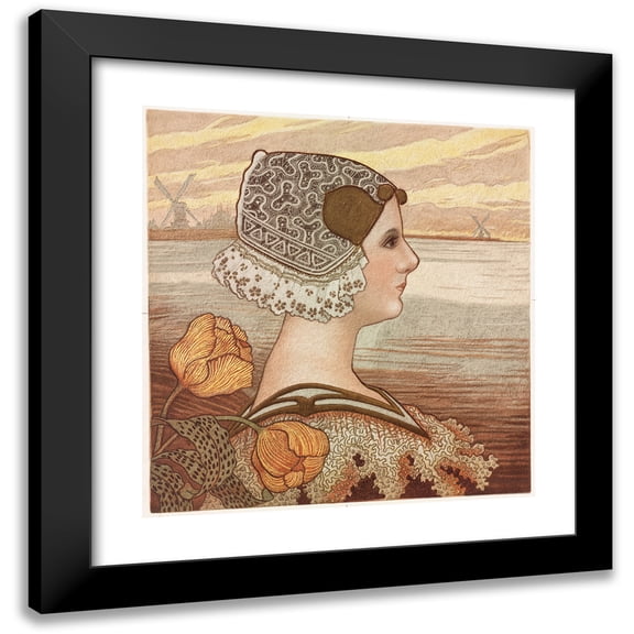 Paul Berthon 12x13 Black Modern Framed Museum Art Print Titled - Dutch Lady with Tulips