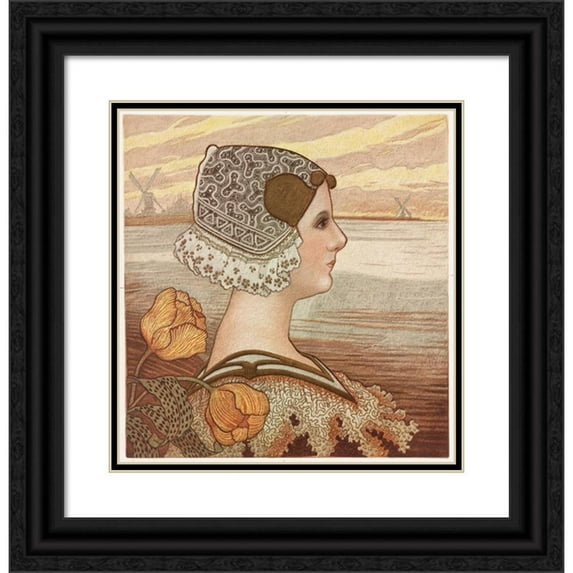 Paul Berthon 12x13 Black Ornate Wood Framed Double Matted Museum Art Print Titled: Dutch Lady with Tulips