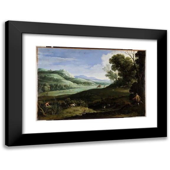 Paul Bril 14x11 Black Modern Framed Museum Art Print Titled - Landscape with Hunters (1619)