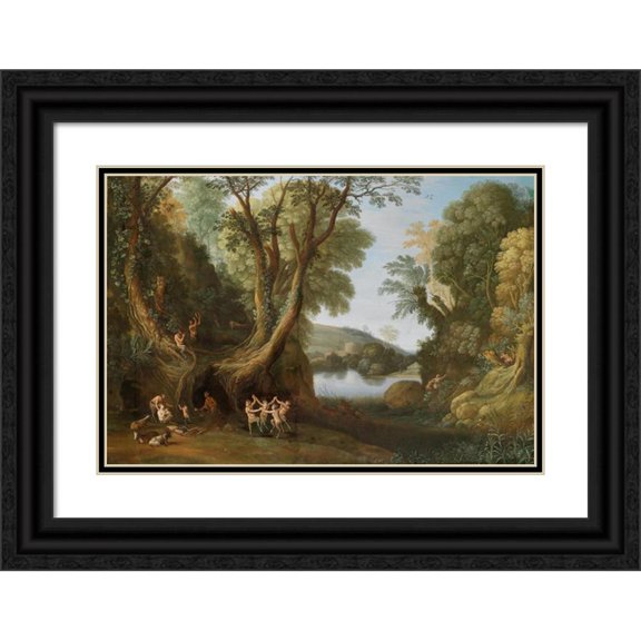 Paul Bril 24x17 Black Ornate Framed Double Matted Museum Art Print Titled: Fauns in a Wooded Landscape