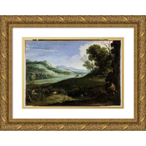 Paul Bril 24x18 Gold Ornate Framed and Double Matted Museum Art Print Titled - Landscape with Hunters (1619)