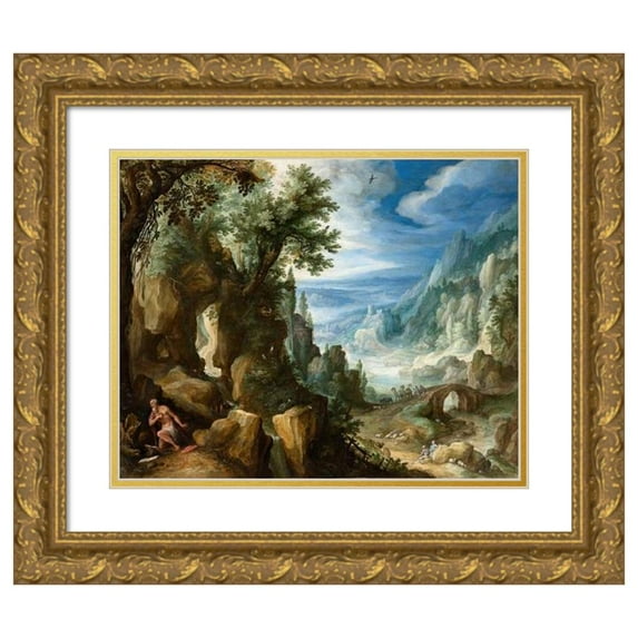 Paul Bril 24x20 Gold Ornate Framed and Double Matted Museum Art Print Titled - Mountainous Landscape with Saint Jerome (1592)