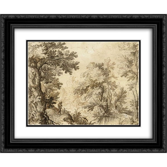 Paul Bril 2x Matted 24x20 Black Ornate Framed Art Print 'A Forest Pool'