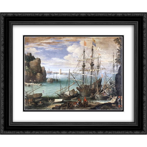 Paul Bril 2x Matted 24x20 Black Ornate Framed Art Print 'View of a Port'