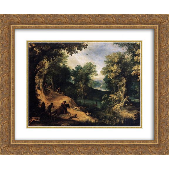 Paul Bril 2x Matted 24x20 Gold Ornate Framed Art Print 'The Stag Hunt'