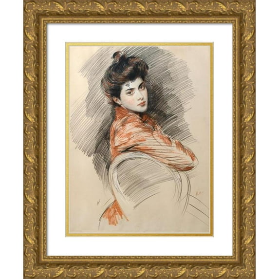 Paul César Helleu 12x14 Gold Ornate Wood Frame and Double Matted Museum Art Print Titled - Portrait of Elisabeth Van Biema