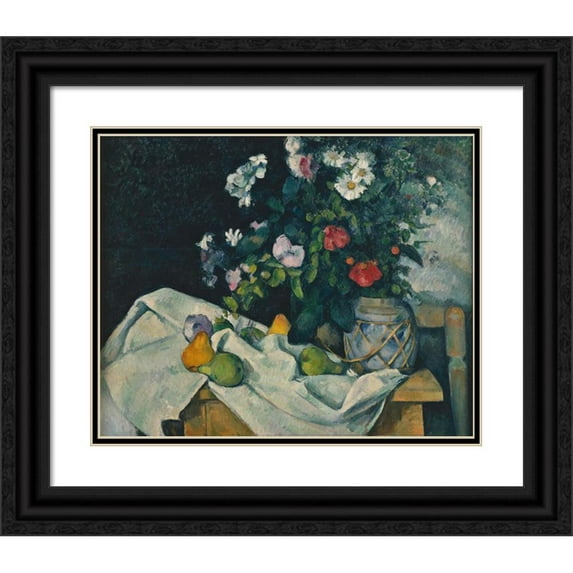 Paul Cézanne 14x12 Black Ornate Wood Framed Double Matted Museum Art Print Titled: Still Life with Flowers and Fruit (Between 1888 and 1890)