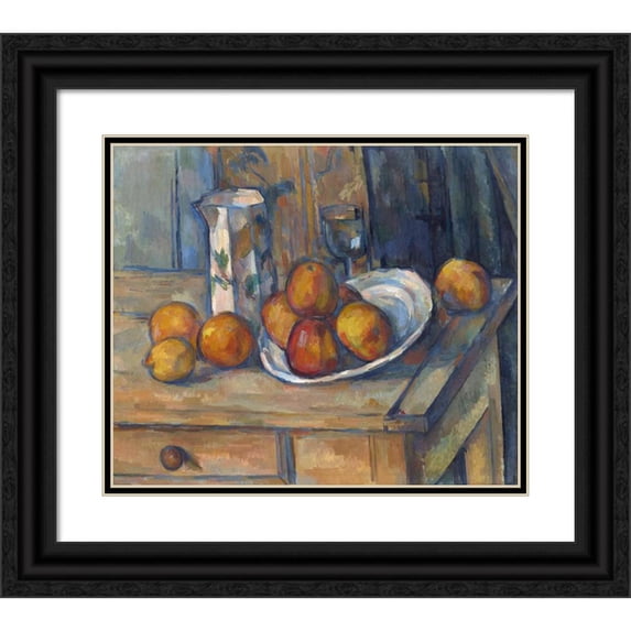 Paul Cézanne 14x12 Black Ornate Wood Framed Double Matted Museum Art Print Titled: Still Life with Milk Jug and Fruit (C. 1900)