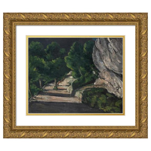 Paul Cézanne 23x20 Gold Ornate Framed and Double Matted Museum Art Print Titled - Landscape. Road with Trees in Rocky Mountains (1870 - 1871)