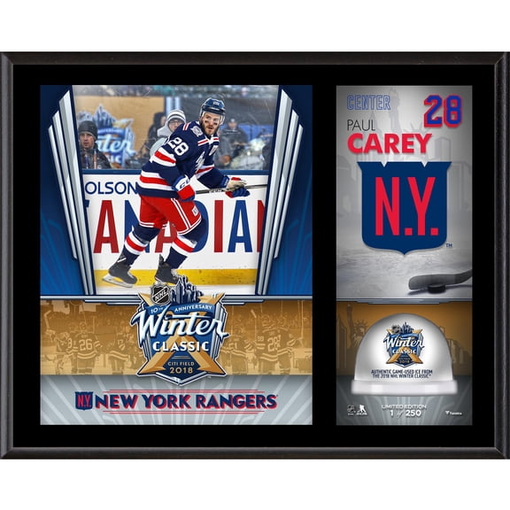 Paul Carey New York Rangers 12" x 15" 2018 Winter Classic Sublimated Plaque with Game-Used Ice - Limited Edition of 250