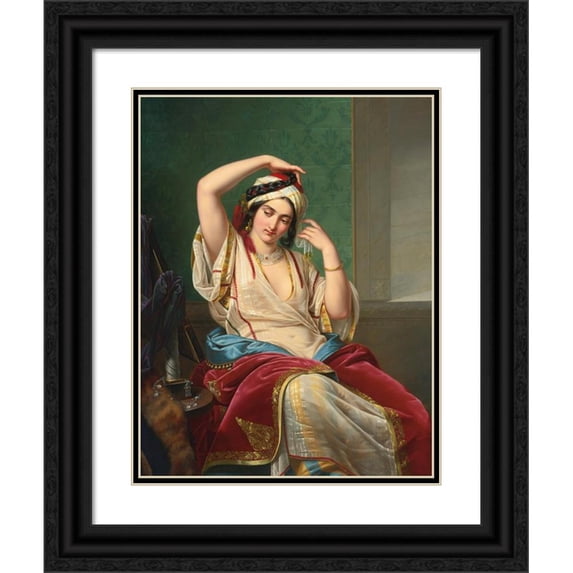 Paul Emil Jacobs 15x18 Black Ornate Wood Framed Double Matted Museum Art Print Titled - A Harem Beauty at Her Toilette (1839)