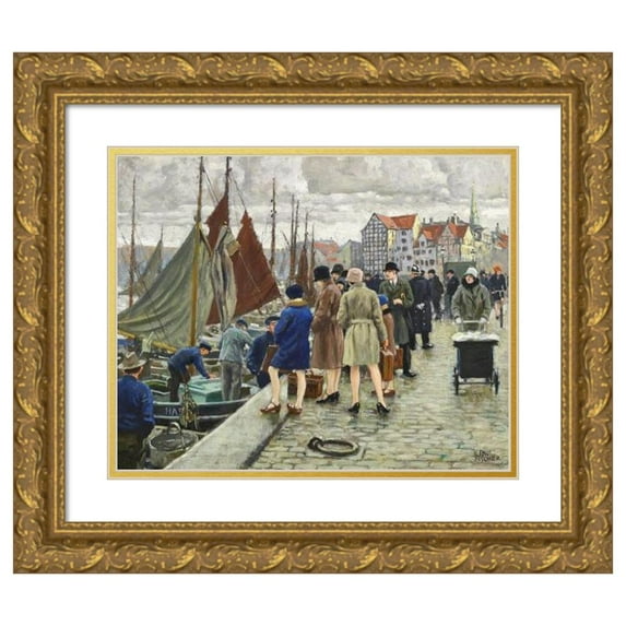 Paul Fischer 18x15 Gold Ornate Wood Frame and Double Matted Museum Art Print Titled - Elegant Ladies with Bell Hats Buy Fish