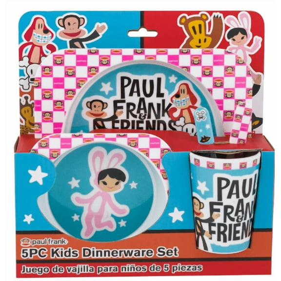Paul Frank 5-Piece Kids Dinnerware Set BPA-Free Melamine Plates, Bowls, Cup, Spoon & Fork | Fun Julius Monkey Design | Durable, Lightweight & Dishwasher Safe Toddler Mealtime Set for Boys & Girls