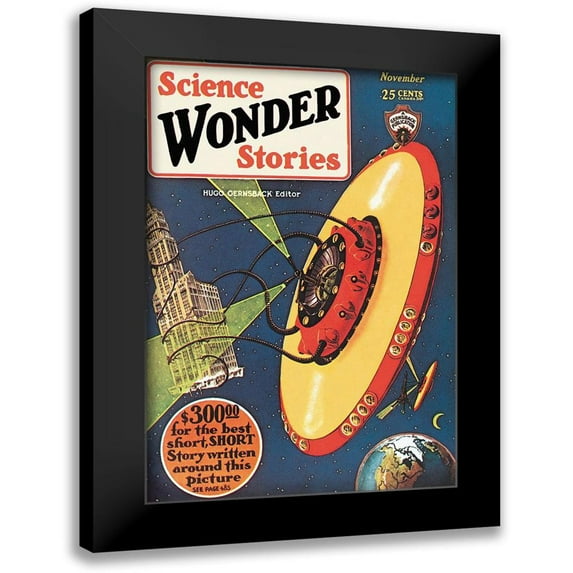 Paul, Frank R. 13x18 Black Modern Framed Museum Art Print Titled - Retrosci-fi: Science Wonder Stories: Invasion of the Landmark Snatchers