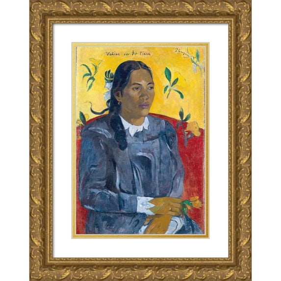 Paul Gauguin 13x18 Gold Ornate Wood Frame and Double Matted Museum Art Print Titled - Tahitian Woman with a Flower