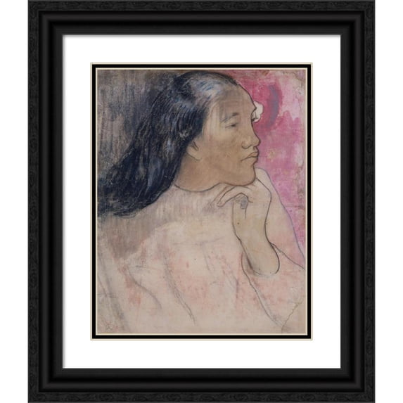 Paul Gauguin 15x18 Black Ornate Wood Framed Double Matted Museum Art Print Titled - A Tahitian Woman with a Flower in Her Hair (1891-92)