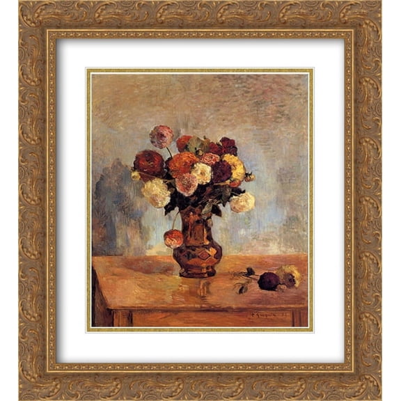 Paul Gauguin 2x Matted 20x24 Gold Ornate Framed Art Print 'Dahlias in a copper vase'