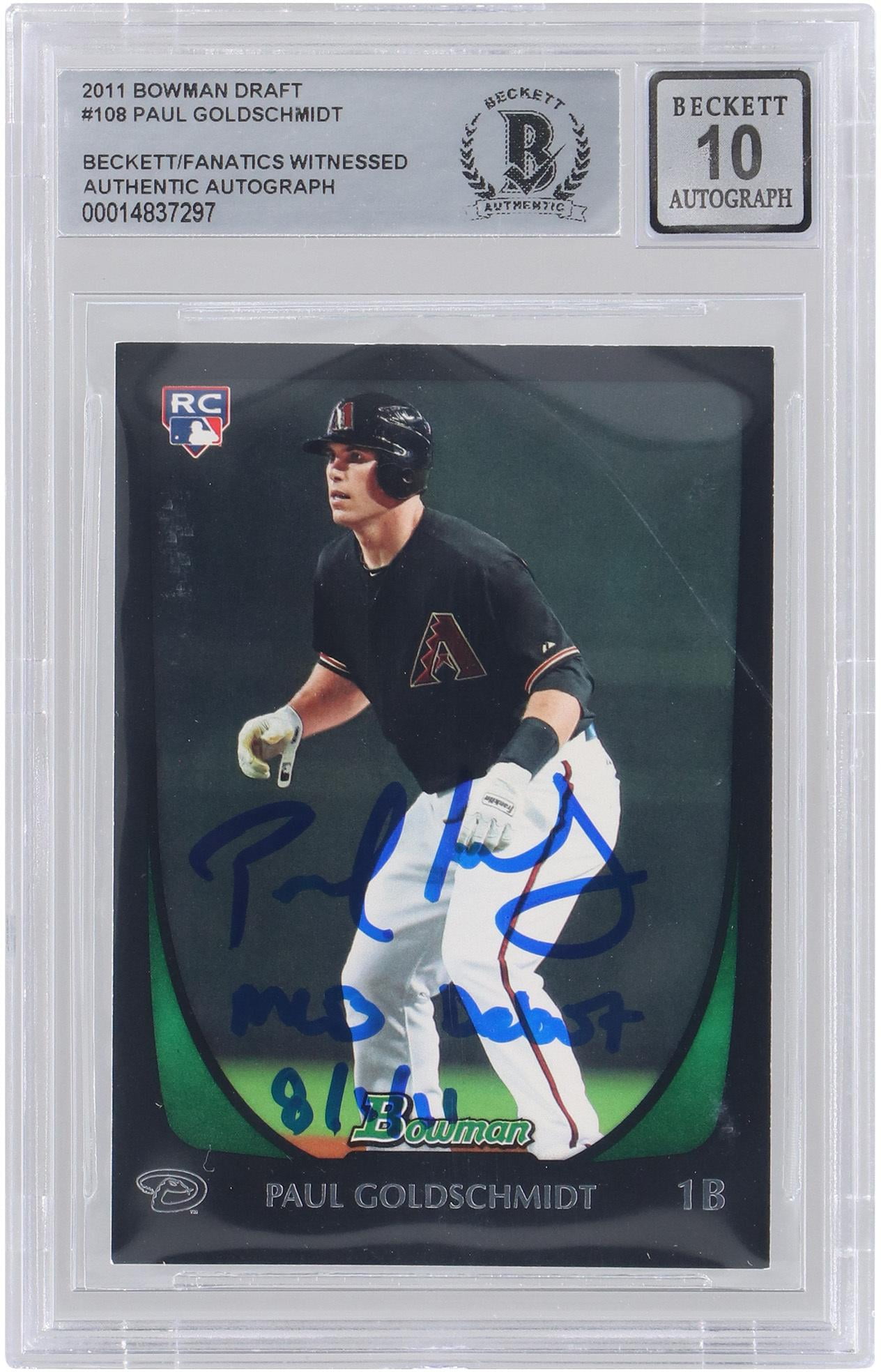 Paul Goldschmidt Arizona Diamondbacks Autographed 2011 Bowman Draft MLB #108 Beckett Fanatics Witnessed Authenticated 10 Rookie Card with "MLB Debut 8/1/11" Inscription - Fanatics Authentic Certified