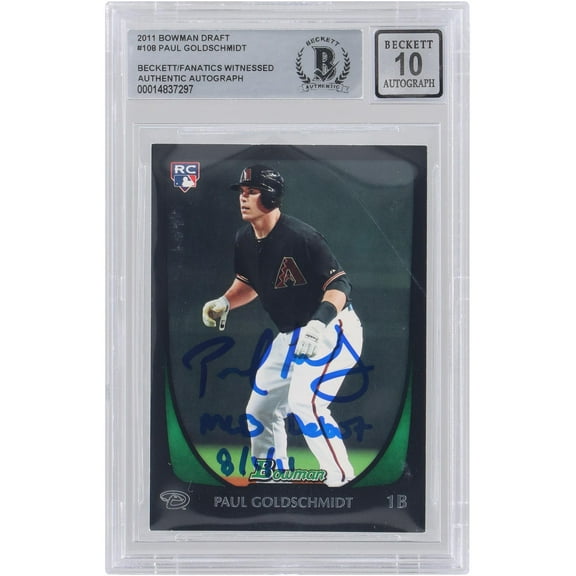 Paul Goldschmidt Arizona Diamondbacks Autographed 2011 Bowman Draft MLB #108 Beckett Fanatics Witnessed Authenticated 10 Rookie Card with "MLB Debut 8/1/11" Inscription - Fanatics Authentic Certified
