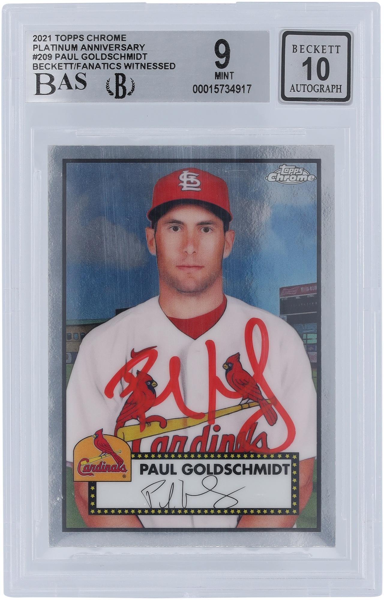 Paul Goldschmidt St. Louis Cardinals Autographed 2021 Topps Chrome #209 Beckett Fanatics Witnessed Authenticated 9/10 Card - Fanatics Authentic Certified