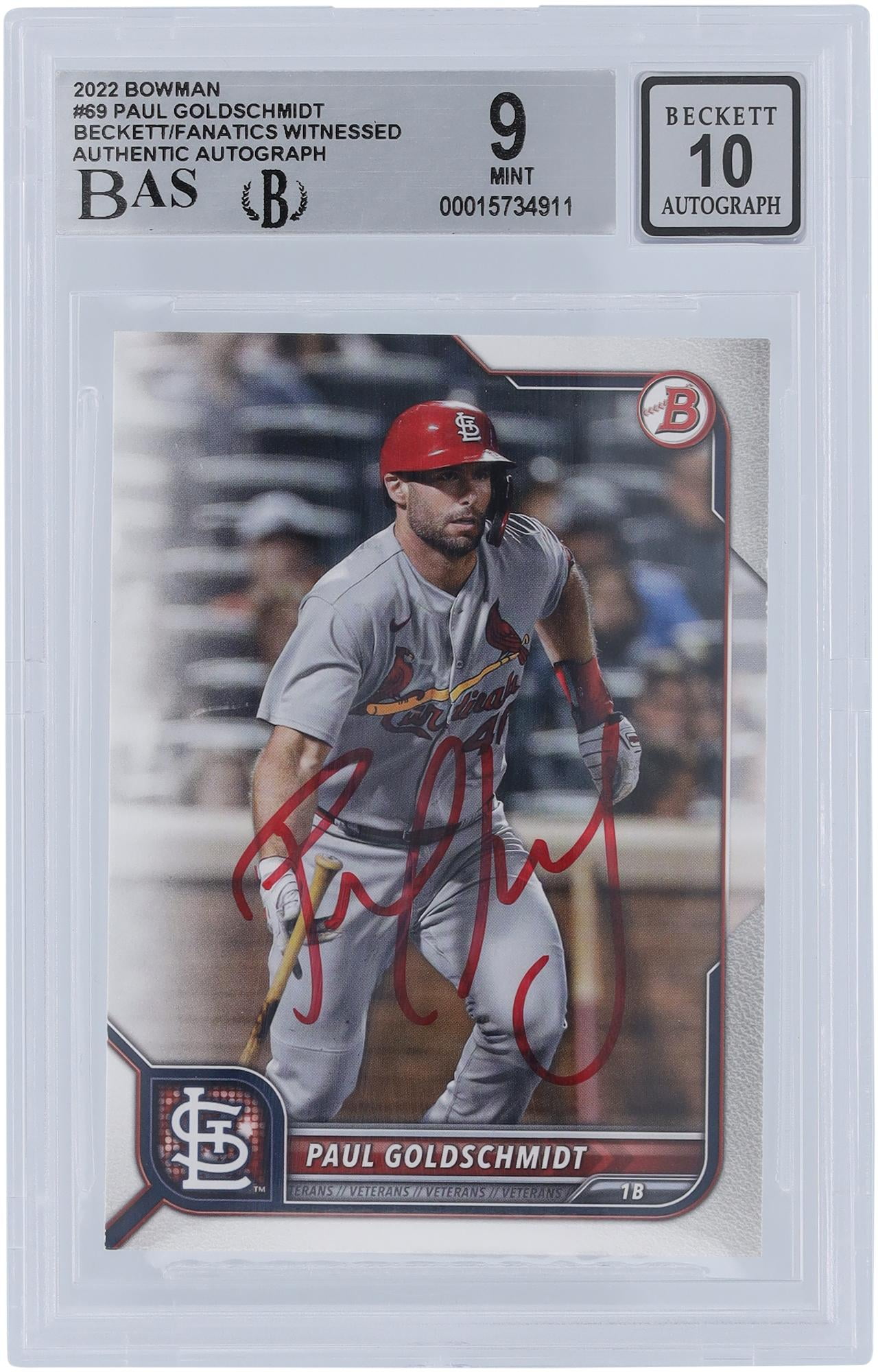 Paul Goldschmidt St. Louis Cardinals Autographed 2022 Bowman Series 1 #69 Beckett Fanatics Witnessed Authenticated 9/10 Card - Fanatics Authentic Certified