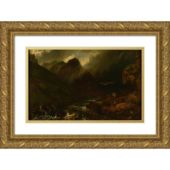 Paul Huet 18x13 Gold Ornate Wood Frame and Double Matted Museum Art Print Titled - The Val D'Enfer at the Foot of the Sancy (1847)