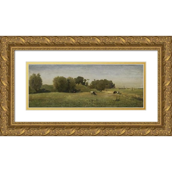 Paul Joseph Constantin Gabriël 14x8 Gold Ornate Wood Frame and Double Matted Museum Art Print Titled - Landscape Near Abcoude (1860 - 1870)